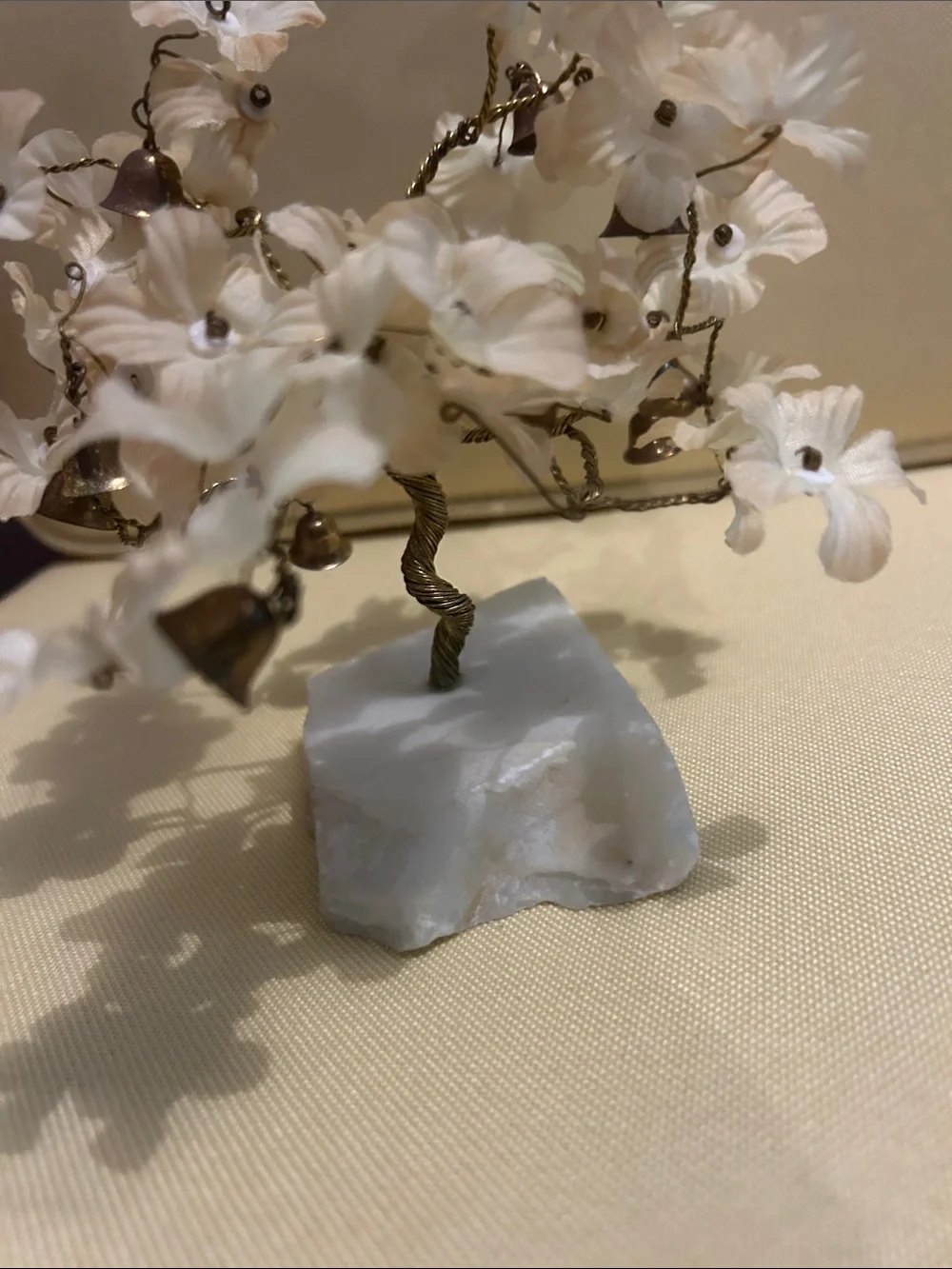 Vintage Decorative Floral Sculpture with Cream Fabric Blooms and gold bells